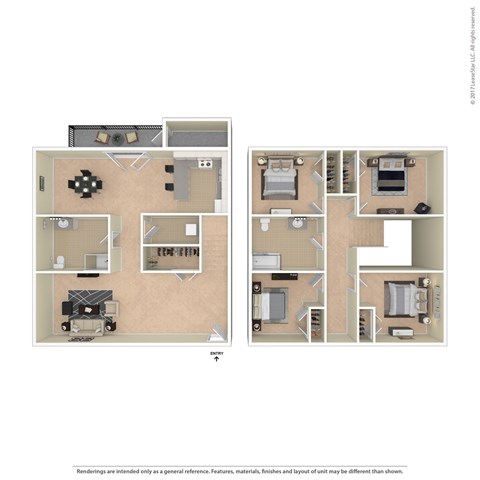 A floor plan of a two-story apartment with a living room, kitchen, and bedrooms.